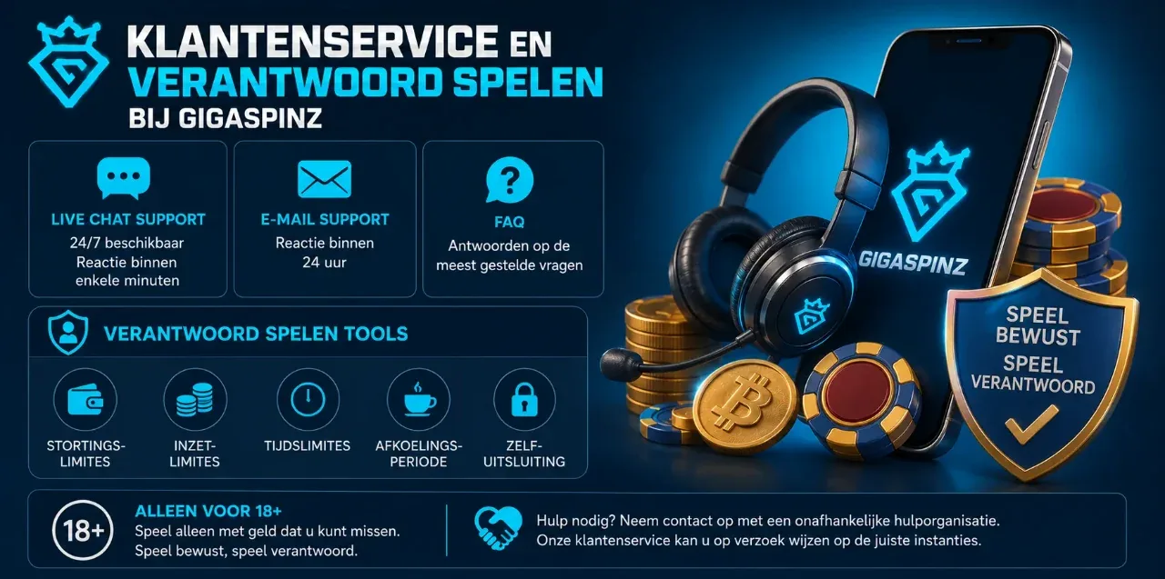 Live chat support en verantwoord spelen tools met 18-plus icoon bij Gigaspinz