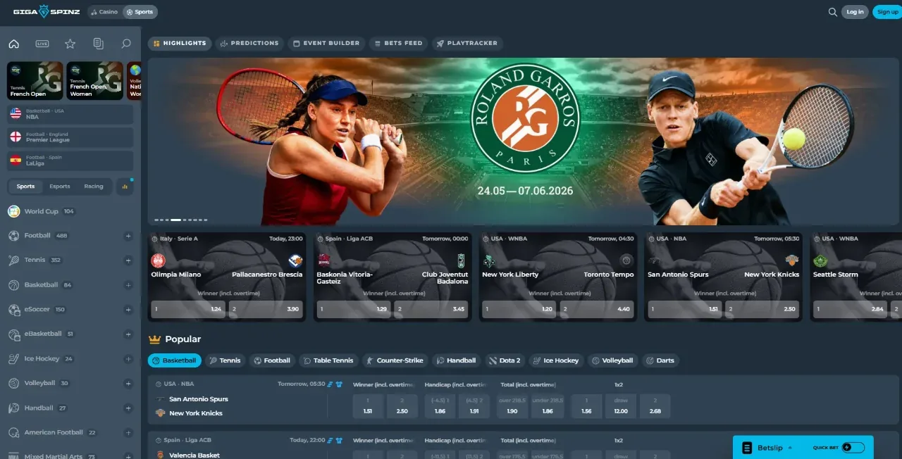 Sportsbook met voetbal, live betting en esports zoals CS2 en Dota 2 bij Gigaspinz