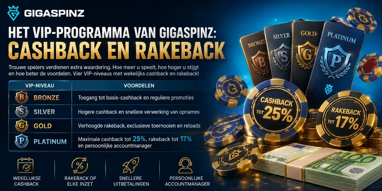 VIP-niveaus Bronze tot Platinum met wekelijkse cashback en rakeback bij Gigaspinz